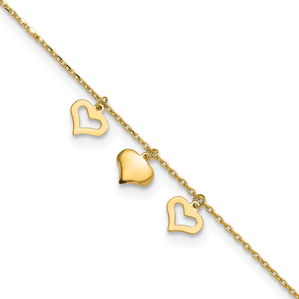 14k Yellow Gold 3 Hearts Charms 9" Plus 1" Extension Summer Fine Jewelry Anklet